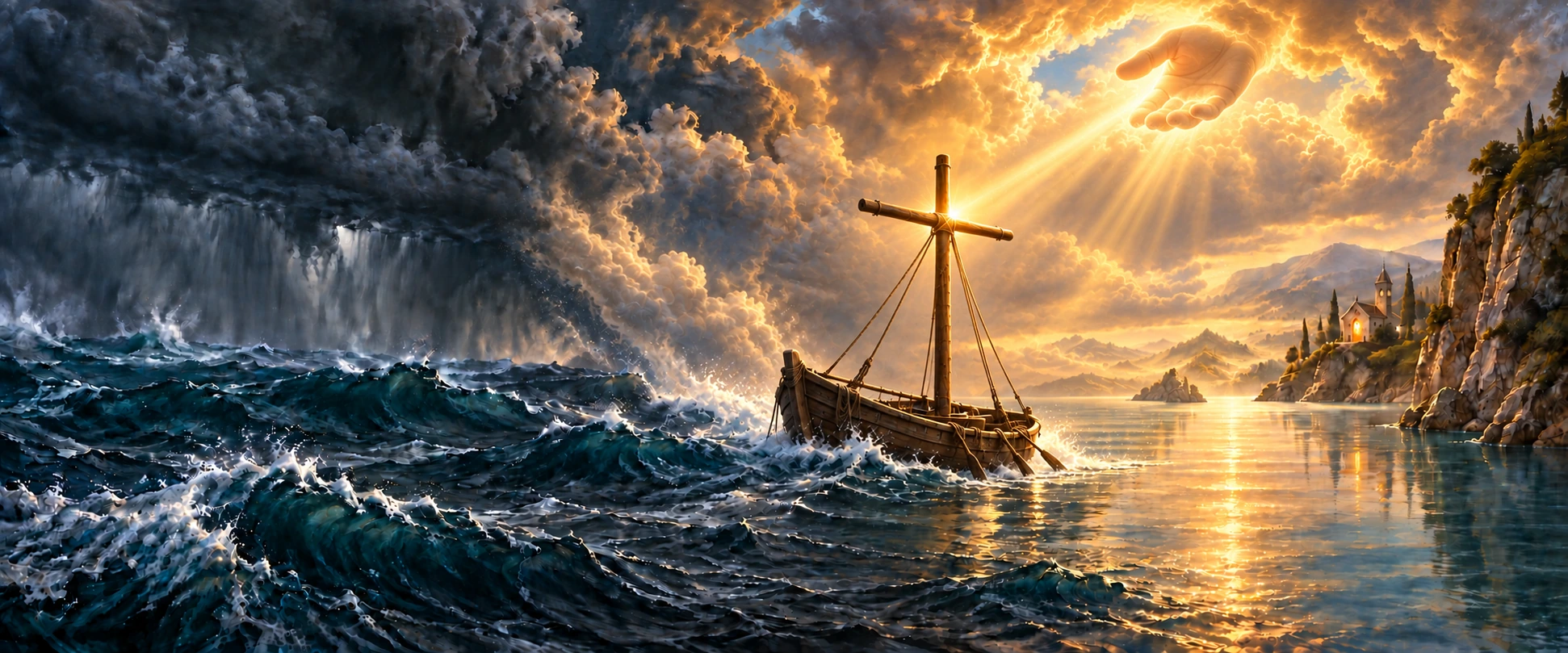 A small boat with an anchor-shaped mast traveling from stormy seas toward calm water and golden light.